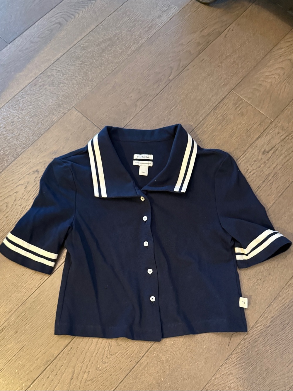 Korean Designer Navy Button-Front Polo Top with White Stripes